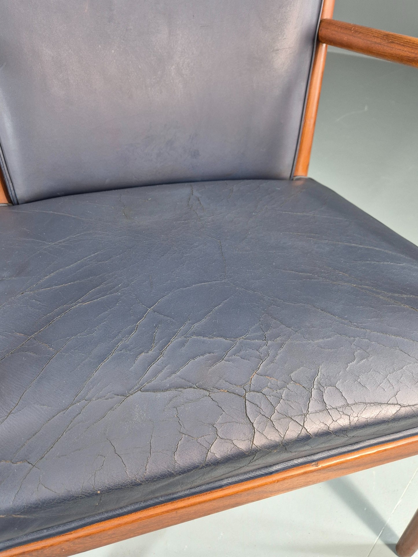 Vintage Mid Century Teak Armchair Blue Leather 1960s Retro EB11910