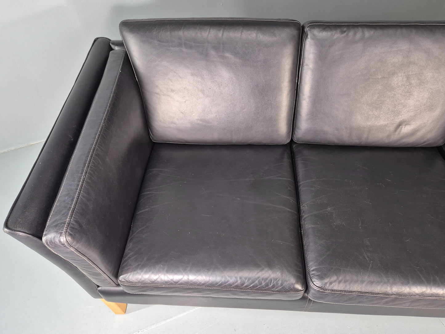 Vintage 3 seater sofa Danish Black Leather and Vinyl 1980s Retro EB11642