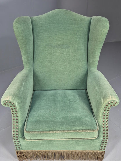 Vintage Danish Wingback Lounge Chair Green and Cream Floral Tassels EB9610 VCLO