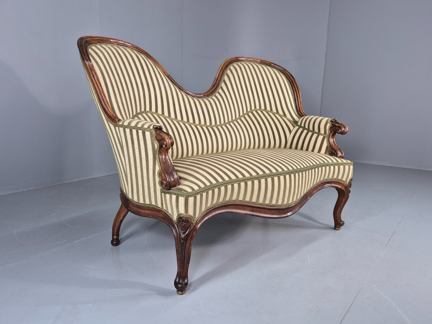 Antique Neo Rococo Serpentine Sofa Danish Mahogany Frame Green Cream EB12702