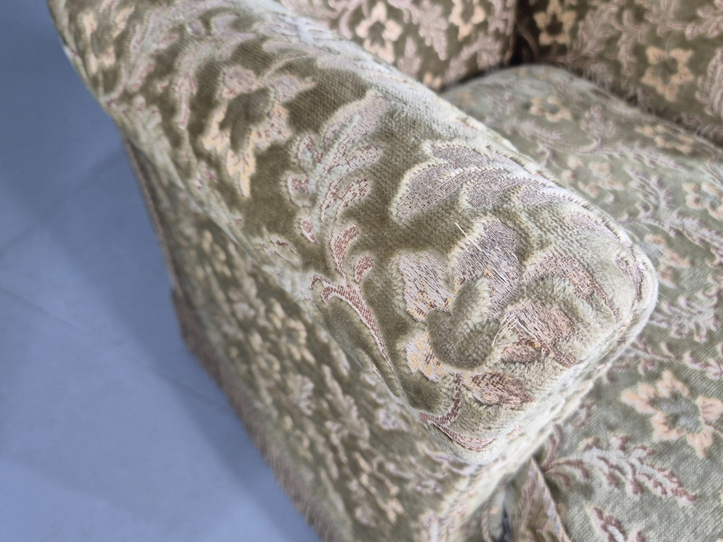 2 Vintage Danish Armchairs Green Floral Moquette Tassels 1960s Cottage EB12689