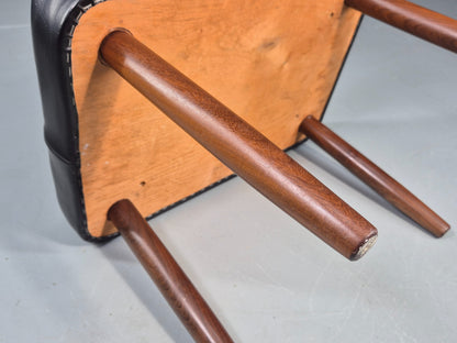 Vintage Mid Century Footstool Danish Black Vinyl Teak Legs Stitch Detail EB12031