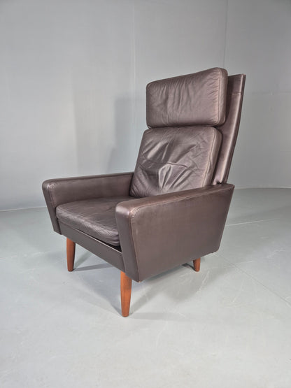 Vintage Danish Design Lounge Chair Brown Leather 1960s High Back MCM  EB13064