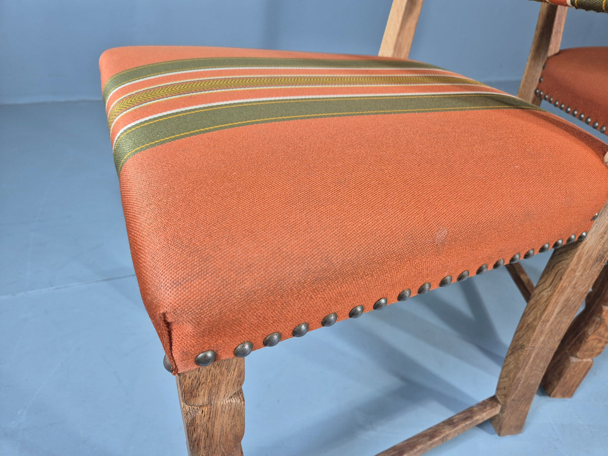 2 Vintage Dining Chairs 1970s Danish Kjaernulf Style Orange Wool Striped EB13075