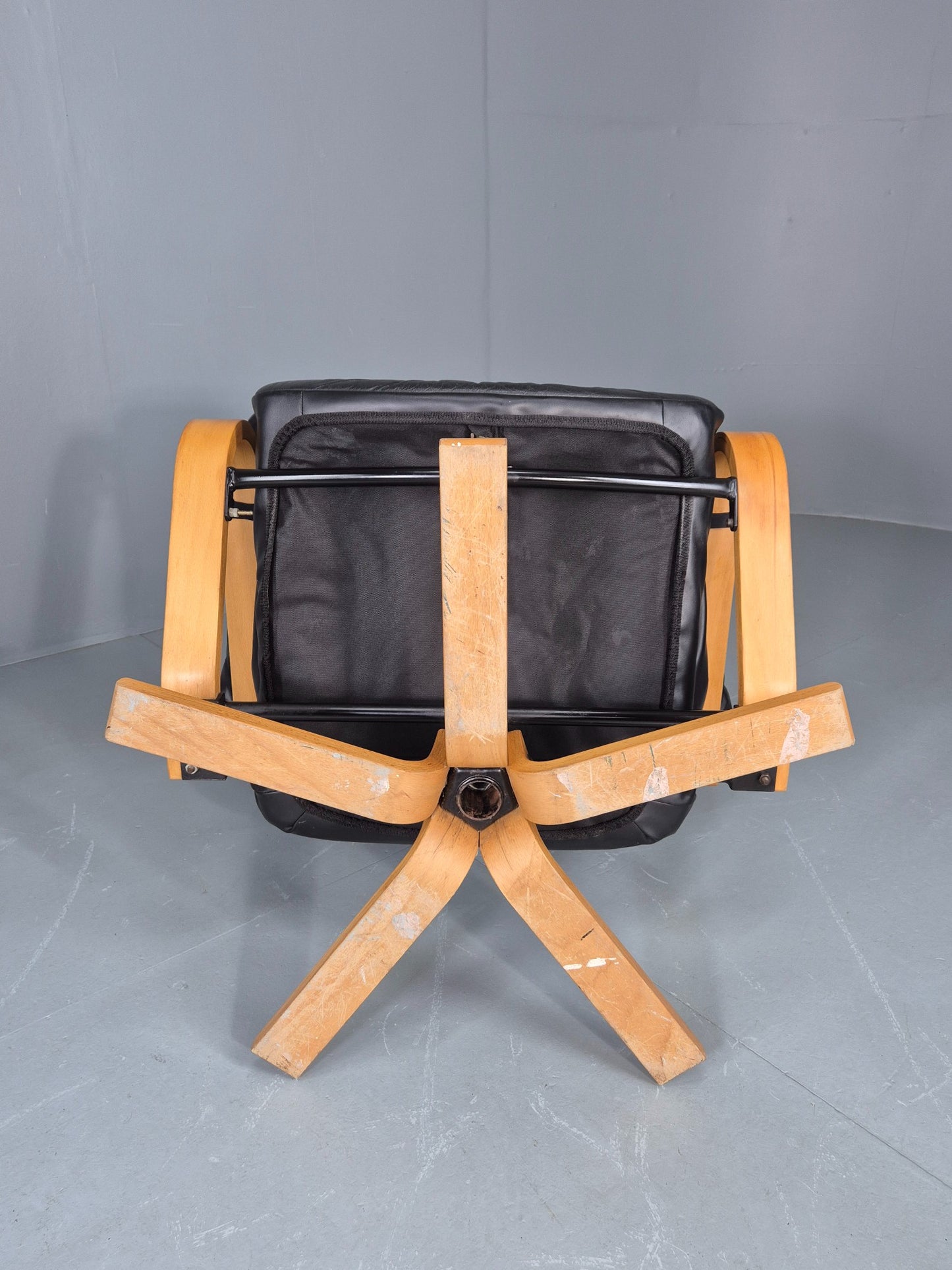 Vintage Danish Swivel Recline Chair Black Leather Bentwood 1980s Retro EB9254