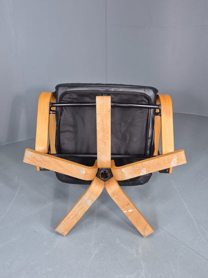 Vintage Danish Swivel Recline Chair Black Leather Bentwood 1980s Retro EB9254