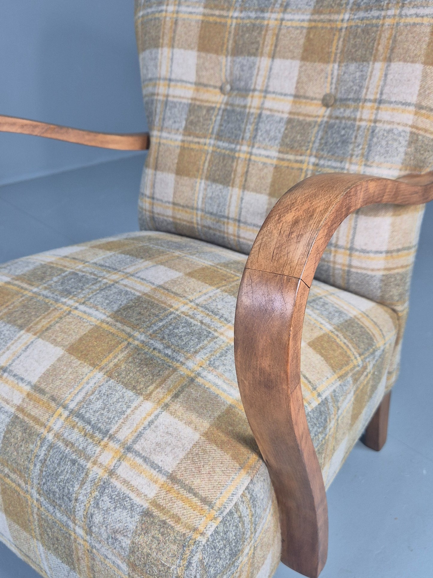 Vintage Danish Art Deco Open Armchair New Upholstery Snowshill Tartan EB12310
