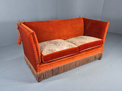 Vintage Danish Knole Sofa 2 Seater Red Velour Floral Cream Cushions EB12725