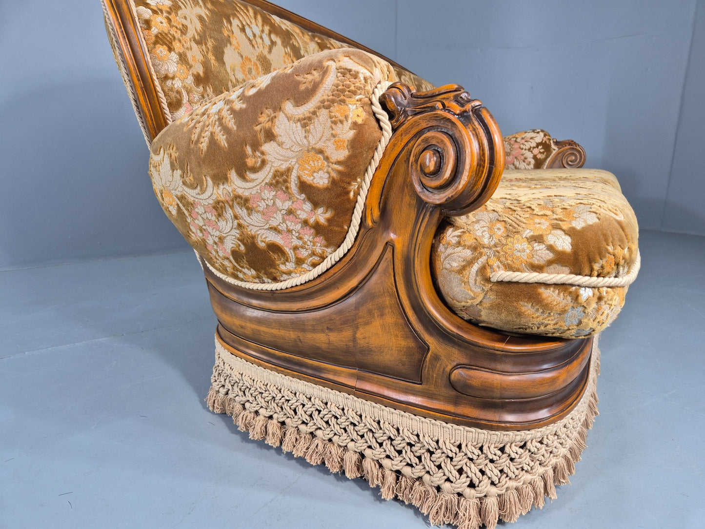 Vintage Danish 1970s 3 seater Sofa Gold Floral Upholstery Hardwood Frame EB12743