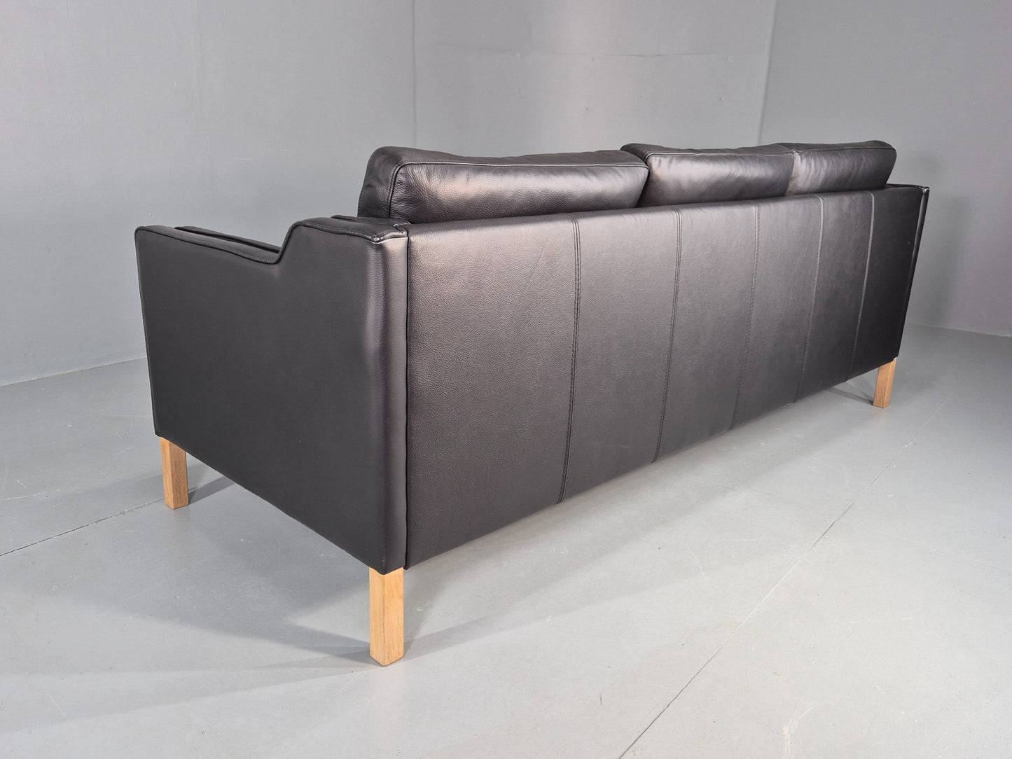 Vintage Danish 3 Seat Sofa Black Leather Mogensen Style 1980s Retro MCM EB12445