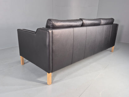Vintage Danish 3 Seat Sofa Black Leather Mogensen Style 1980s Retro MCM EB12445