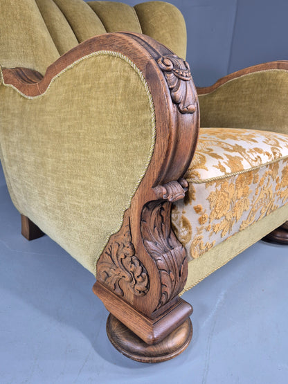 Vintage Danish Art Deco Lounge Chair Carved Oak Frame 1940s Green Floral EB12839