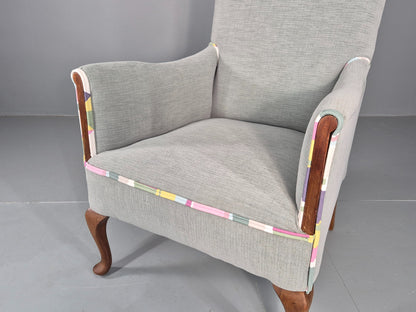 Vintage 1920s Armchair Reupholstered in Grey Green with Colour Accent EB11824