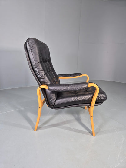 Vintage Danish Leather and Vinyl Lounge Chair Bent Wood Frame 80s Retro EB13076