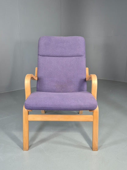 Vintage Mid Century Lounge Chair Bentwood Frame Danish Purple Wool 1980s EB12136