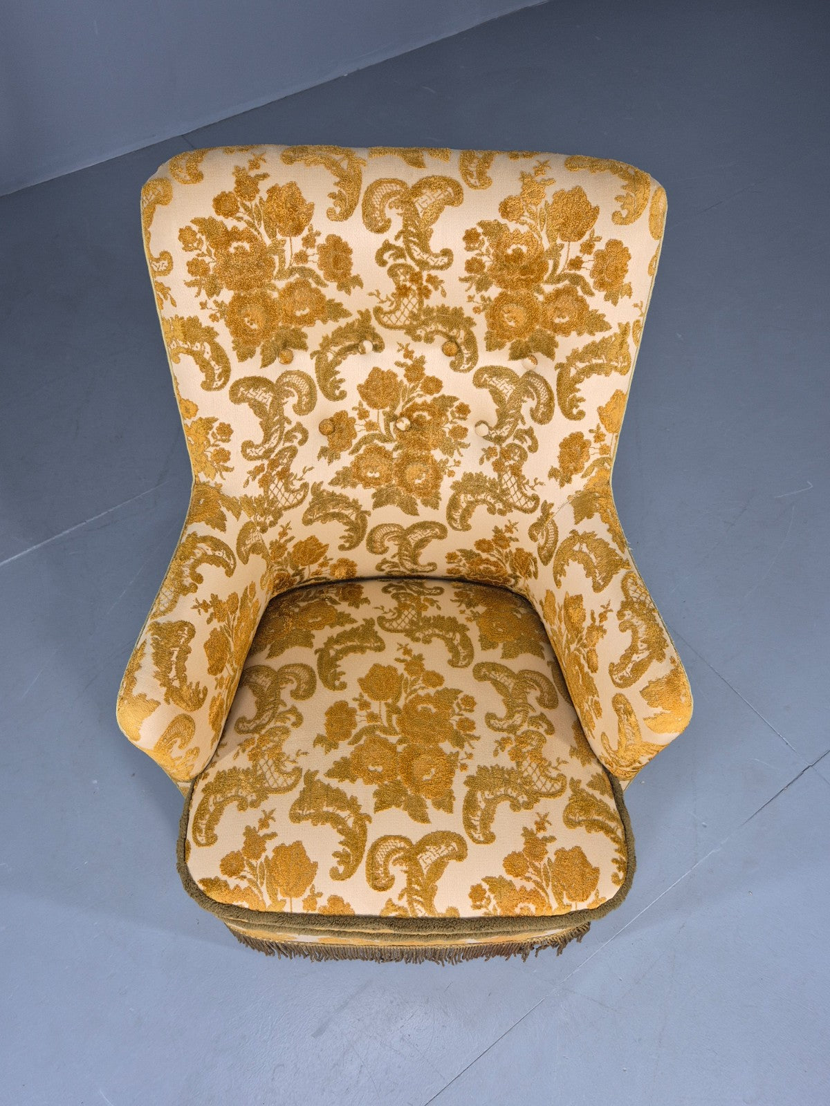 Vintage Danish 1970s Bedroom Tub Chair Gold Floral Flock Tassels EB12685
