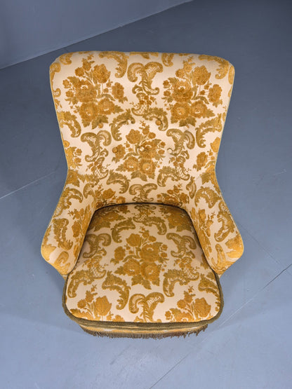 Vintage Danish 1970s Bedroom Tub Chair Gold Floral Flock Tassels EB12685