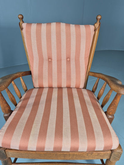 Vintage Danish Oak Lounge Chair 1950s Cottage Style Pink Striped Cotton EB12708