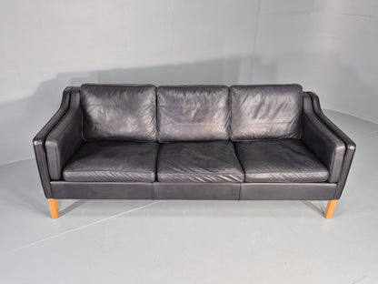 Vintage Danish 3 Seat Sofa Black Leather Danish  Mogensen 1980s Retro EB12406