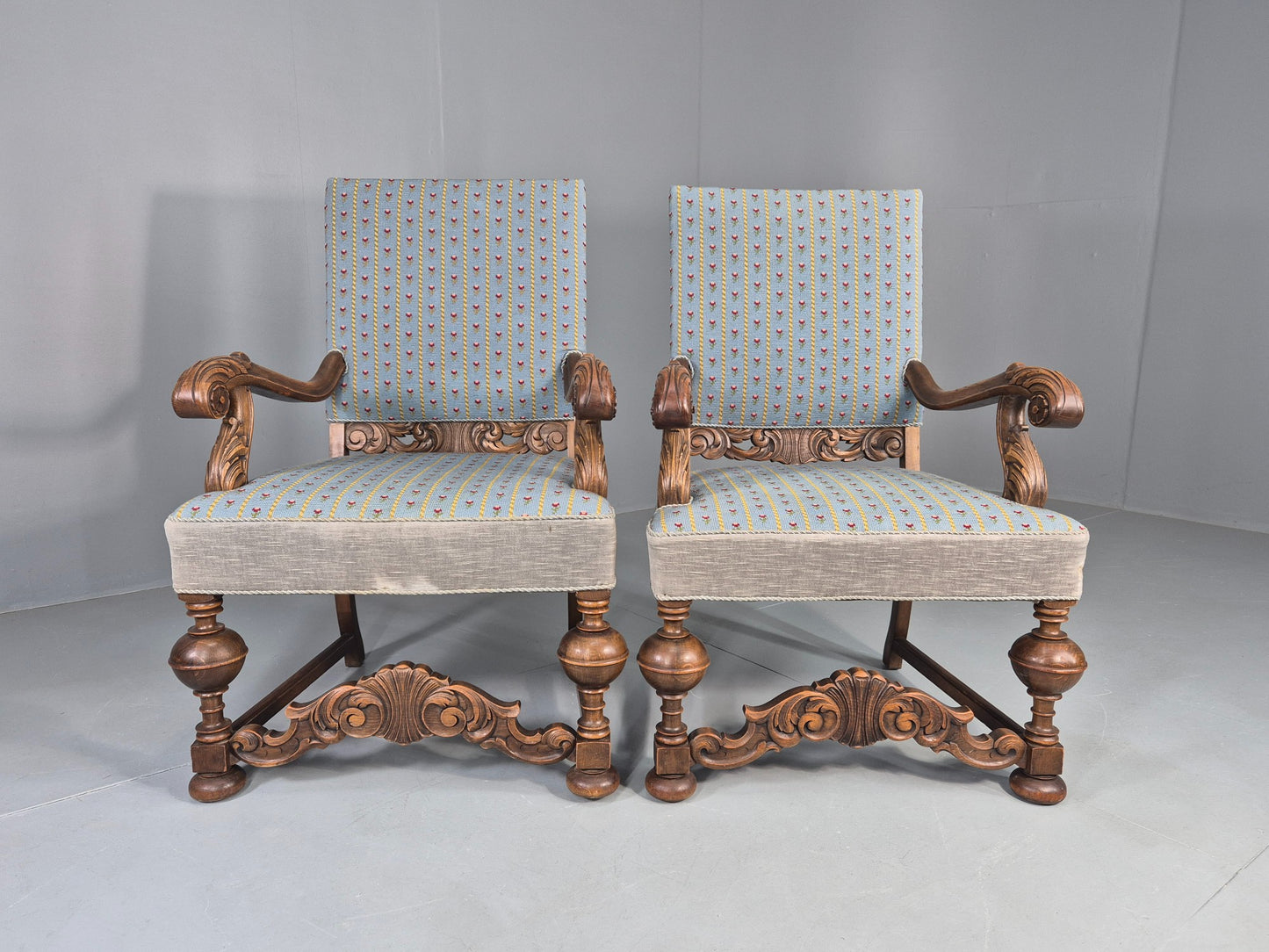 2 Vintage Danish Baroque Revival Lounge Chairs Oak Frame Tapestry Floral EB12643
