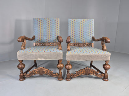 2 Vintage Danish Baroque Revival Lounge Chairs Oak Frame Tapestry Floral EB12643