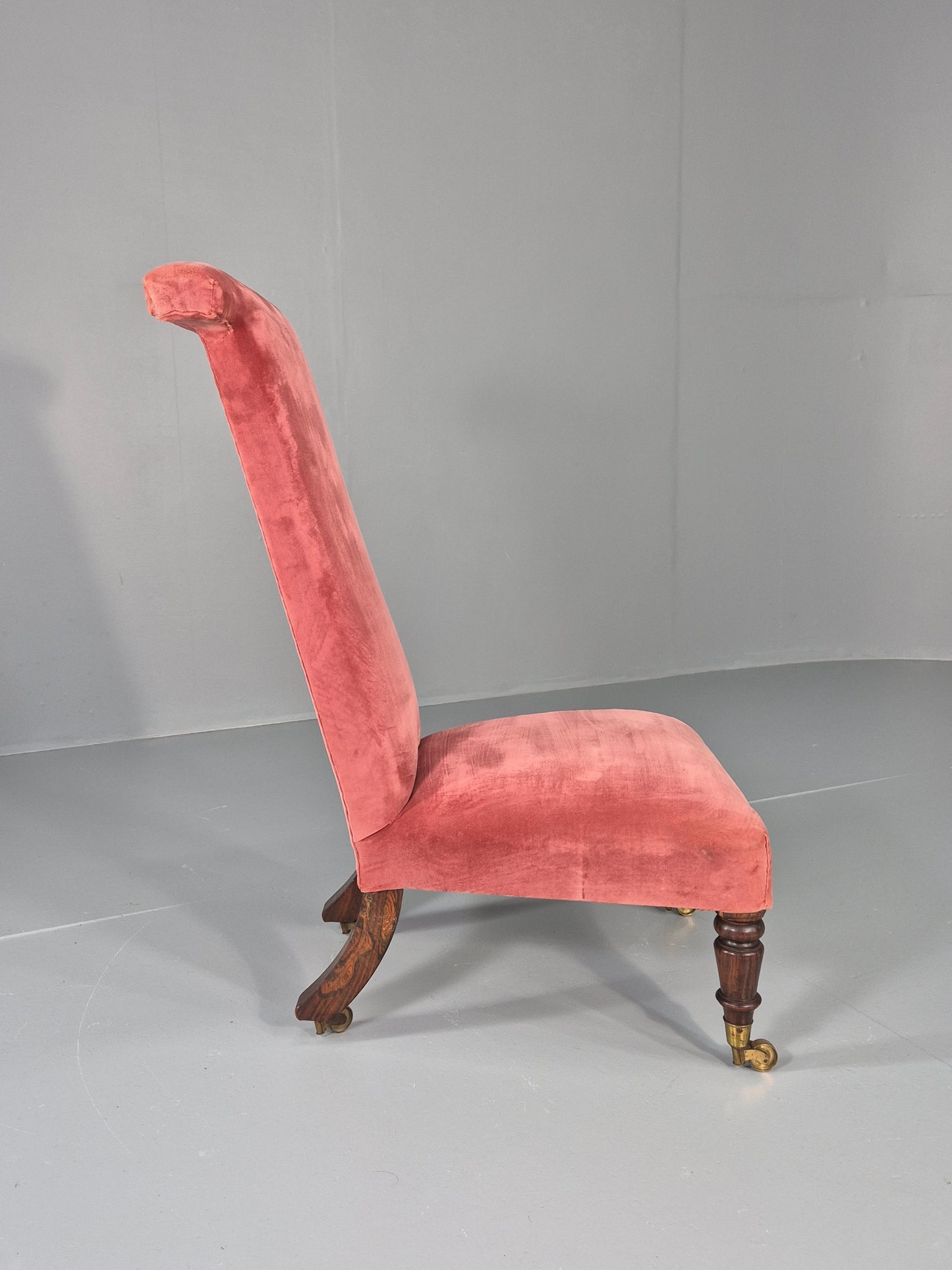 Antique Prayer or Slipper Chair Hot Pink Velvet Velour Upholstery 1900s EB12456