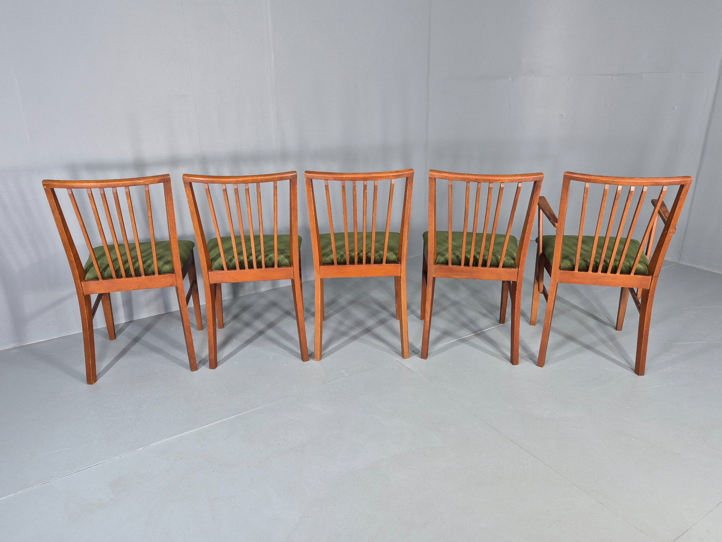 5 Vintage 1960s Dining Chairs Beech Wood frames Green Velvet Seats Retro EB12184