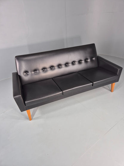 Vintage Three Seat Sofa 1960s Swedish Black Vinyl Upholstery Retro EB11126
