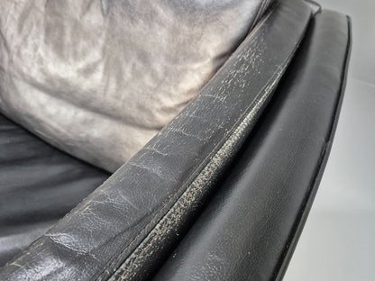 Vintage 3 Seater Sofa Black Leather and Vinyl 1980s Retro EB08616