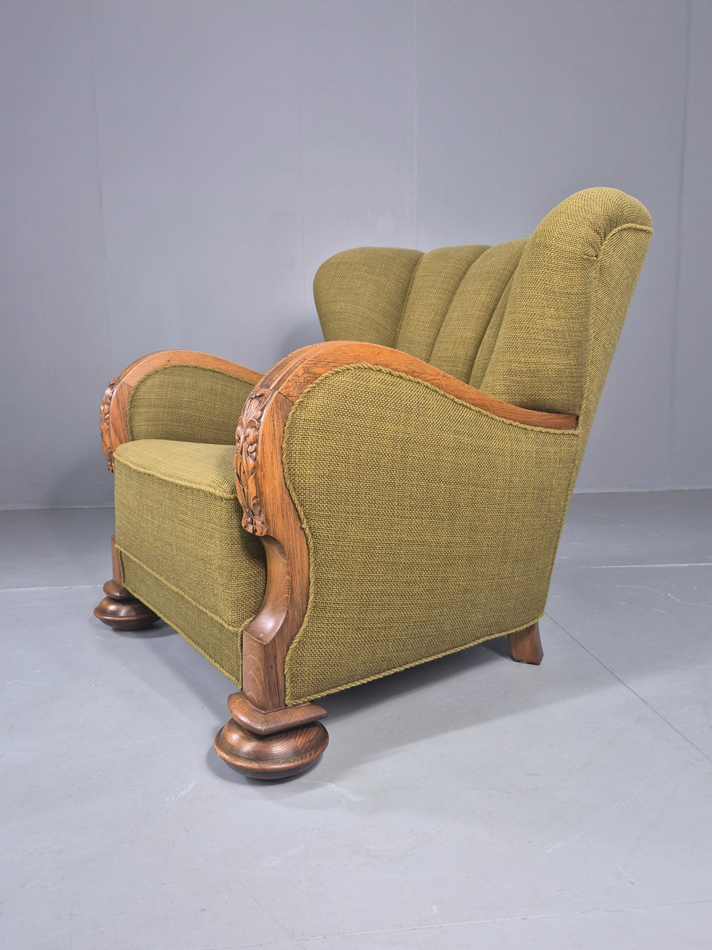 Vintage Art Deco Lounge Chair Danish Oak Shell Back 1940s Retro Green EB12693