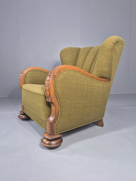 Vintage Art Deco Lounge Chair Danish Oak Shell Back 1940s Retro Green EB12693