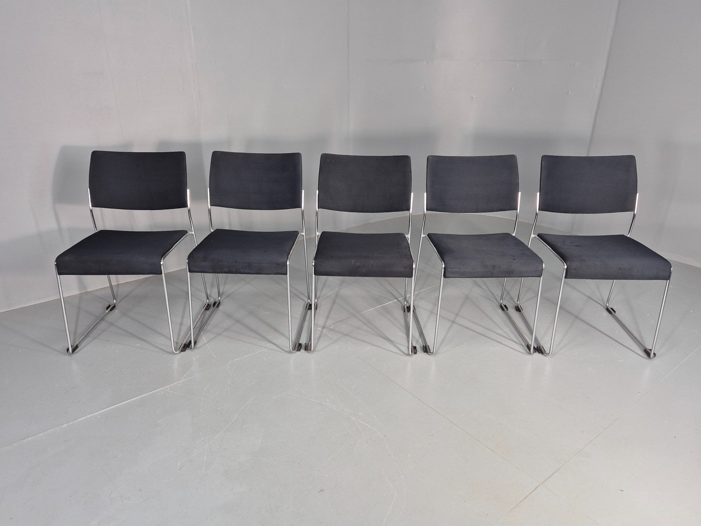 5 Vintage Stacking Chairs Chrome Rod and Black Cloth Brunner Brand EB12003