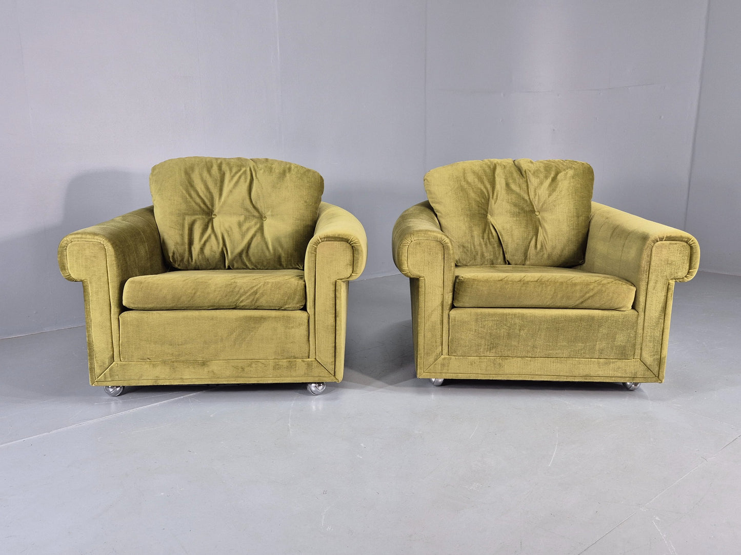 2 Vintage 1970s Lounge Chairs Danish Design Green Velvet Velour Retro EB12640
