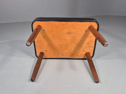 Vintage Mid Century Footstool Danish Black Vinyl Teak Legs Stitch Detail EB12031