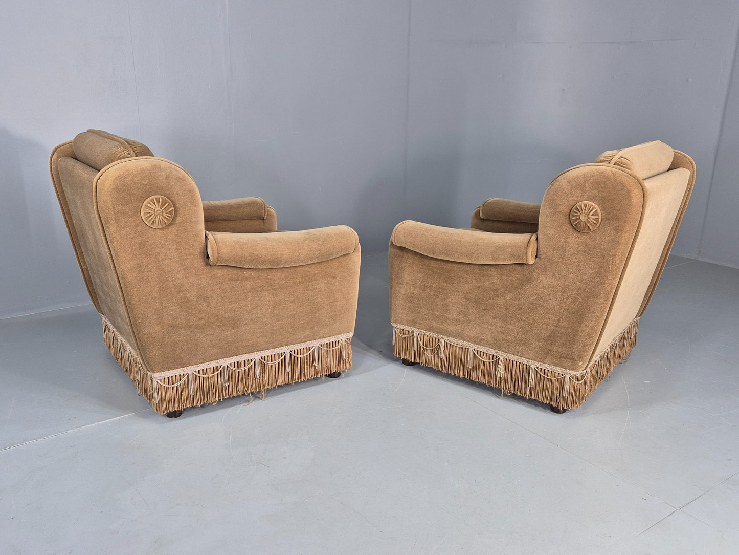 Vintage 1970s Lounge Chairs Green Velour Tassels Wing Back Danish Retro EB12137