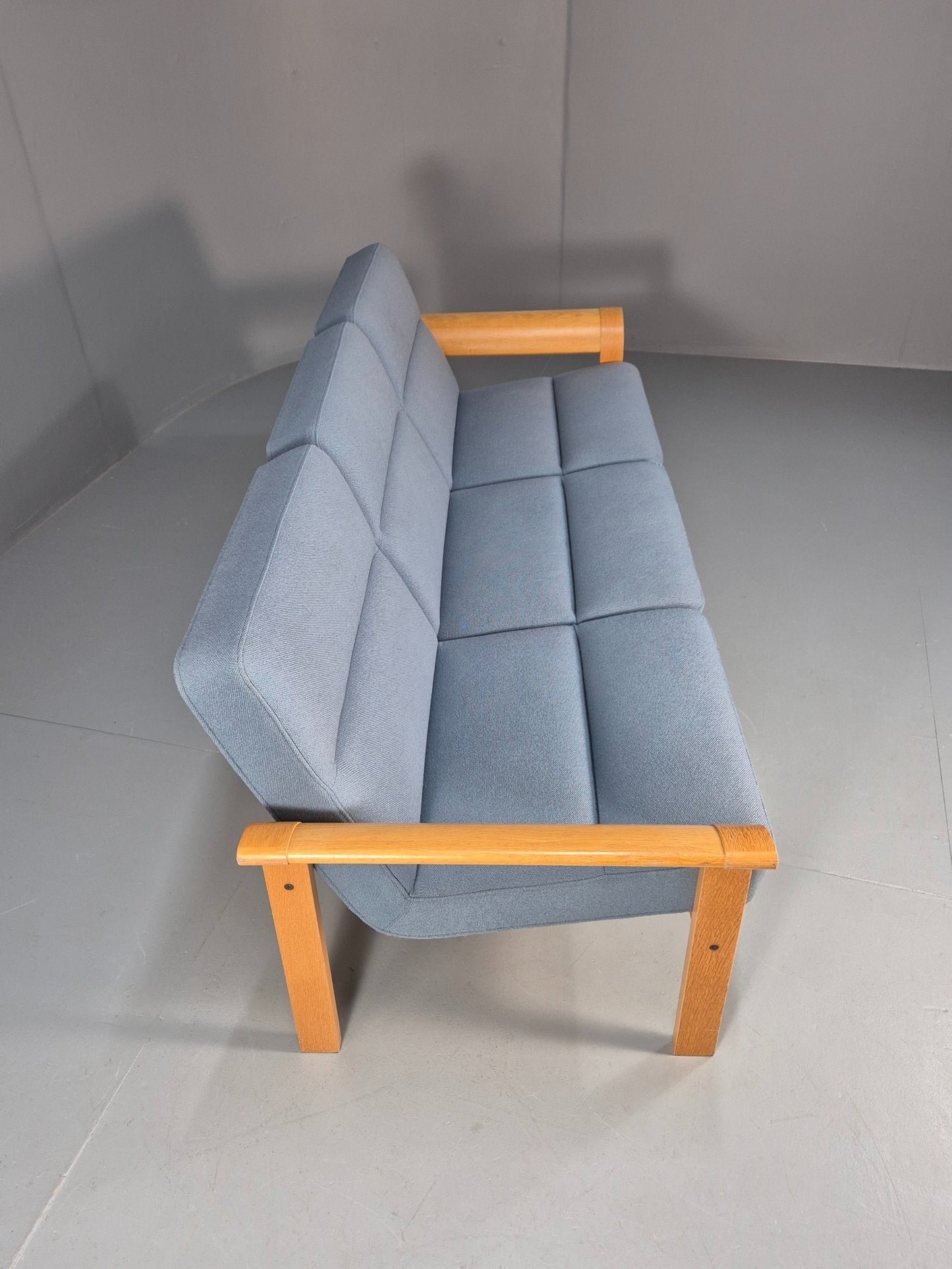 Vintage Danish Magnus Olesen Sofa Oak and Blue Wool 1970s EB9377 M3SS