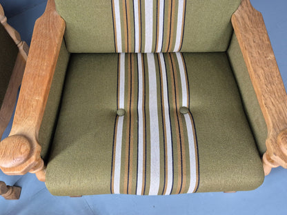 2 vintage Kjaernulf Armchairs with footstool Oak and Green Retro 1970s EB12778