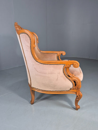 Vintage Danish Rococo Armchair Beech Frame Biege Velour 1970s Retro EB12718