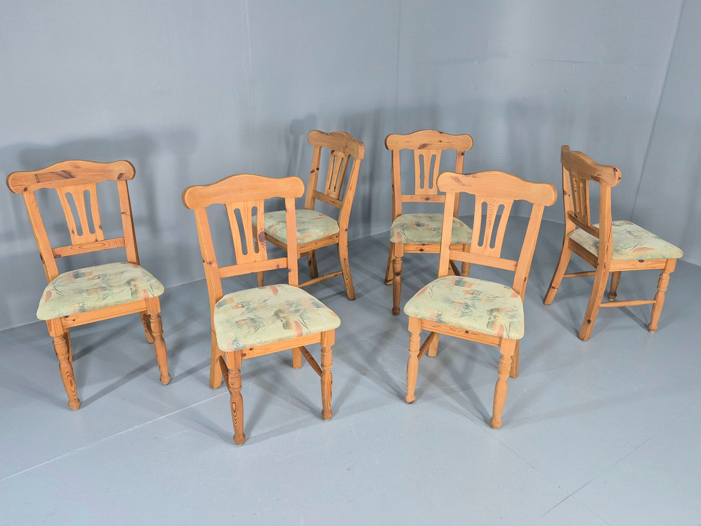 6 Vintage Danish Pine 1980s Dining Chairs Original Upholstery Retro EB12397