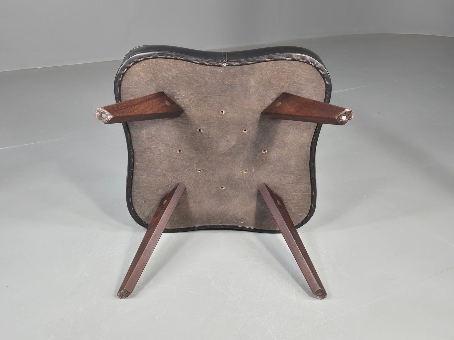 Vintage Danish Mid Century Footstool Black vinyl Rosewood Legs 1960s EB12100