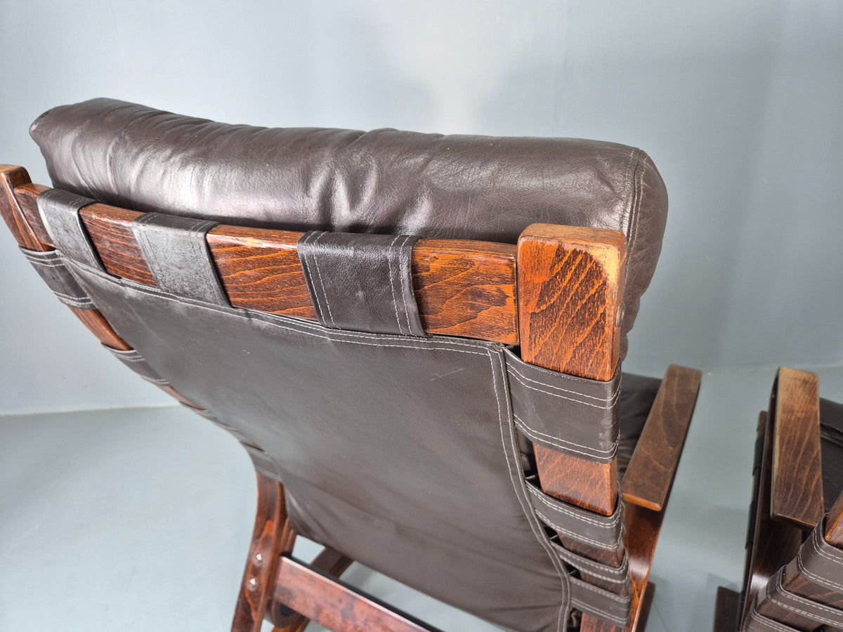 2 Vintage Skyline Leather Lounge Chairs High Back Bentwood Frame Retro EB13085