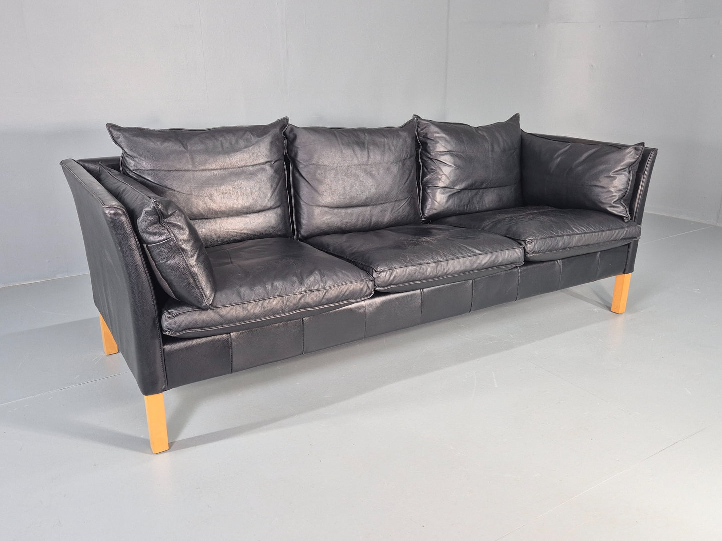 Vintage 3 Seater Sofa Danish Black Leather Mid Century Style 1980s Retro EB12418