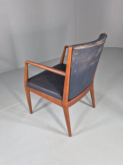 Vintage Mid Century Teak Armchair Blue Leather 1960s Retro EB11901