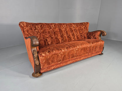 Vintage 3 Seat Sofa Danish Art Deco Era Carved Oak Frame Moquette Cloth EB12751
