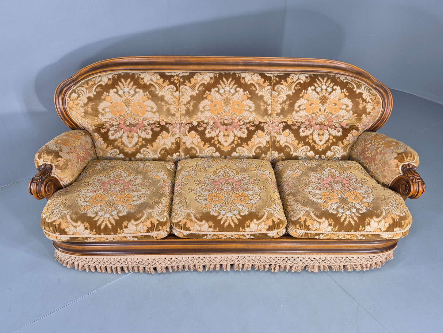 Vintage Danish 1970s 3 seater Sofa Gold Floral Upholstery Hardwood Frame EB12743