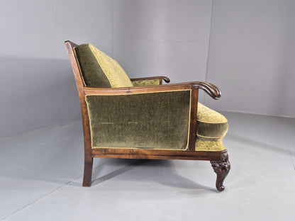 Antique 3 Seater Sofa 1920s Danish Carved Frame Green Moquette  EB12005