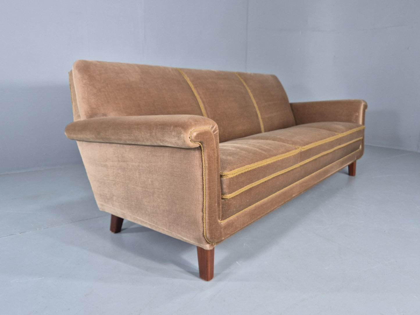 Vintage 3 Seater Sofa Mid Century Danish Green Velour Upholstery 1960s  EB12759