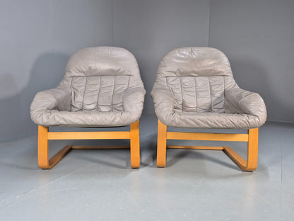2 Vintage 1980s Leather Lounge Chairs Bentwood Frames Danish Retro MCM EB09253
