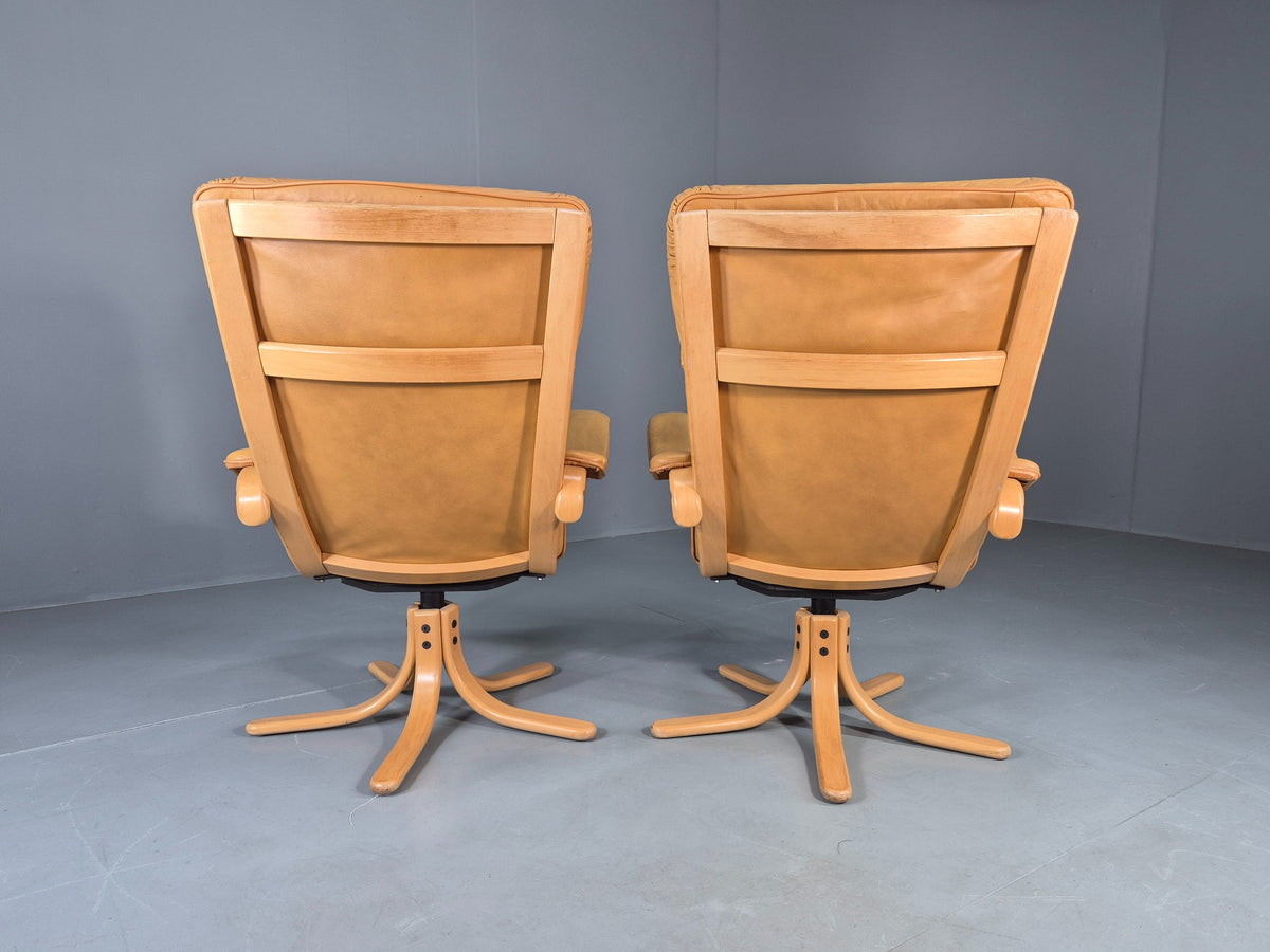 2 Vintage Tan Leather Lounge Chairs 1980s Danish Swivel Bentwood Bases EB13081