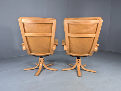 2 Vintage Tan Leather Lounge Chairs 1980s Danish Swivel Bentwood Bases EB13081
